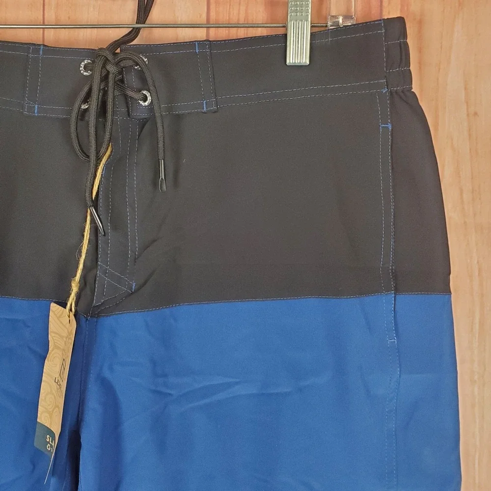 Level Six Cmb Slanted Board Shorts Men 36 Blue Black Logo Stretch Woven Swimwear